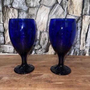 2 Hand Blown Teardrop Cobalt Goblets Ice Tea Glasses Vintage Blue Stemware
